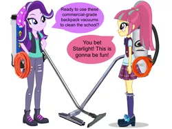 Size: 2048x1536 | Tagged: artist needed, safe, derpibooru import, edit, vector edit, sour sweet, starlight glimmer, equestria girls, 1000 hours in keynote, backpack vacuum cleaner, clothes, crystal prep academy uniform, random, school uniform, simple background, speech bubble, vacuum cleaner, vector