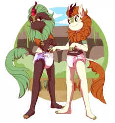 Size: 1121x1200 | Tagged: anthro, artist:furrychrome, autumn blaze, awwtumn blaze, background kirin, cinderbetes, cinder glow, clothes, cloud, cloudy, crossed arms, cute, day, derpibooru import, diaper, diaper check, diaper fetish, feet, female, fetish, finger, floppy ears, frown, ground, hand, happy, kirin, leaves, legs, outdoors, plant, plantigrade anthro, pouty, shirt, sky, smiling, sounds of silence, standing, standing up, stars, suggestive, summer flare, tail, text, toes, tree, t-shirt, wall, wall of tags