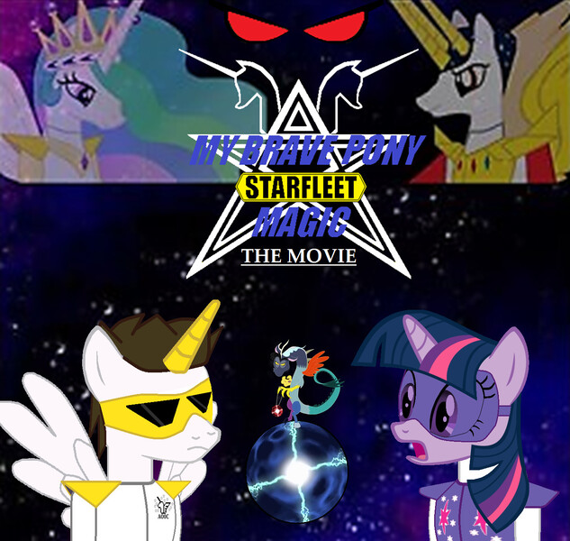 Size: 1410x1336 | Tagged: artist:dakari-king-mykan, derpibooru import, movie poster, my little unicorn, oc, oc:distraught, oc:grand ruler celesto, oc:lightning dawn, princess celestia, red eyes, safe, twilight sparkle