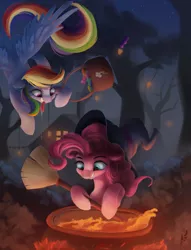 Size: 1807x2371 | Tagged: safe, artist:fluttersheeeee, derpibooru import, pinkie pie, rainbow dash, earth pony, pegasus, pony, bag, broom, candy, cauldron, clothes, duo, female, food, halloween, hat, holiday, mare, smiling, tree, witch, witch hat