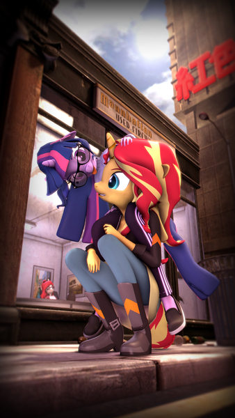 Size: 5400x9600 | Tagged: safe, artist:imafutureguitarhero, derpibooru import, sci-twi, sunset shimmer, twilight sparkle, oc, oc:strawberry cheesecake, anthro, plantigrade anthro, unicorn, equestria girls, 3d, absurd file size, absurd resolution, adidas, arm freckles, boots, chromatic aberration, clothes, colored eyebrows, cute, equestria girls outfit, female, film grain, floppy ears, freckles, glasses, jacket, jeans, leather, leather boots, leather jacket, lesbian, mare, multicolored hair, multicolored tail, nail polish, nose wrinkle, painting, pants, pavement, piggyback ride, road, scitwishimmer, shipping, shoes, sidewalk, sign, signature, source filmmaker, squatting, street, street lights, sun, sunsetsparkle, tongue out, trash can, twiabetes, vertical, wall of tags, window