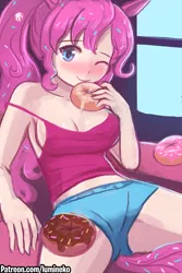 Size: 750x1125 | Tagged: adorasexy, anime, artist:lumineko, blushing, breasts, busty pinkie pie, cleavage, clothes, cute, derpibooru import, donut, eared humanization, female, food, human, humanized, one eye closed, pinkie pie, sexy, shorts, solo, solo female, stupid sexy pinkie, style emulation, suggestive, tailed humanization, tanktop, uma musume pretty derby, wink