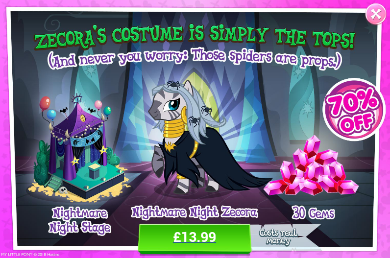 Size: 796x527 | Tagged: advertisement, alternate hairstyle, alternate mane style, beautiful, clothes, costs real money, costume, derpibooru import, dress, gameloft, gem, halloween, holiday, long hair, nightmare night, nightmare night costume, official, poem, rhyme, robes, safe, spider, zecora