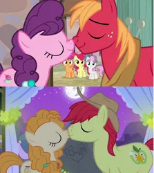 Size: 844x946 | Tagged: safe, derpibooru import, apple bloom, big macintosh, bright mac, pear butter, scootaloo, sugar belle, sweetie belle, hard to say anything, the perfect pear, brightbutter, comparison, cutie mark crusaders, female, kissing, male, shipping, straight, sugarmac