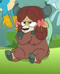 Size: 331x401 | Tagged: angry, bow, chest fluff, claws, cloven hooves, cropped, cute, derpibooru import, female, flying, gallus, hair bow, madorable, male, monkey swings, ocellus, offscreen character, pouting, safe, school raze, screencap, sitting, unamused, yak, yona, yonadorable, yona is not amused