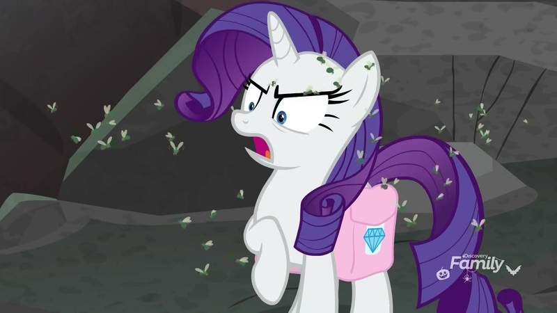 Size: 1920x1080 | Tagged: safe, derpibooru import, screencap, rarity, fly, fly-der, hybrid, pony, spider, unicorn, school raze, angry, bag, female, flies, mare, raised hoof, rarity is not amused, saddle bag, solo, unamused, upset