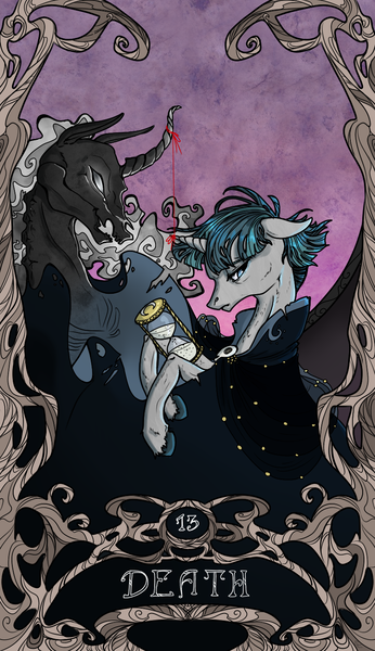 Size: 822x1425 | Tagged: safe, artist:sourcherry, derpibooru import, pony of shadows, stygian, pony, unicorn, cape, clothes, first male alicorn, hourglass, major arcana, male, stallion, tarot, tarot card, tarot:death