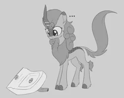 Size: 1964x1556 | Tagged: safe, artist:dusthiel, derpibooru import, autumn blaze, kirin, sounds of silence, ..., :p, :t, chest fluff, cloven hooves, ear fluff, female, gray background, grayscale, hoof fluff, kitchen sink, leg fluff, leonine tail, looking at something, looking down, monochrome, quadrupedal, silly, simple background, sink, smiling, solo, tongue out