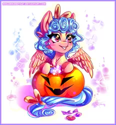 Size: 3725x4012 | Tagged: safe, artist:minamikoboyasy, derpibooru import, cozy glow, pegasus, pony, blushing, candy, female, filly, food, halloween, holiday, jack-o-lantern, looking up, pumpkin, smiling, solo