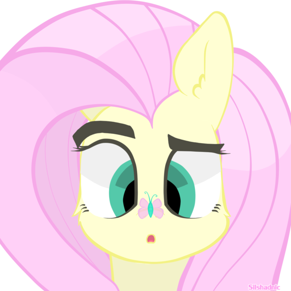 Size: 1000x1000 | Tagged: safe, artist:silshadnic, deleted from derpibooru, derpibooru import, fluttershy, butterfly, pony, bust, butterfly on nose, cross-eyed, cute, eyebrows, female, insect on nose, looking at something, open mouth, portrait, raised eyebrow, simple background, solo, transparent background