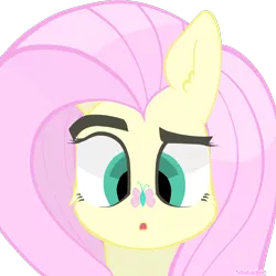 Size: 1000x1000 | Tagged: safe, artist:silshadnic, deleted from derpibooru, derpibooru import, fluttershy, butterfly, pony, bust, butterfly on nose, cross-eyed, cute, eyebrows, female, insect on nose, looking at something, open mouth, portrait, raised eyebrow, simple background, solo, transparent background