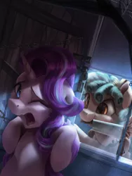 Size: 3000x4000 | Tagged: semi-grimdark, artist:vanillaghosties, derpibooru import, cozy glow, starlight glimmer, pegasus, pony, unicorn, school raze, adoracreepy, cleaver, cozybetes, creepy, cute, duo, duo female, female, filly, mare, pure concentrated unfiltered evil of the utmost potency, pure unfiltered evil, the shining, this will end in death, this will end in tears, this will end in tears and/or death