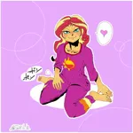 Size: 1000x1000 | Tagged: safe, artist:sozglitch, derpibooru import, sunset shimmer, equestria girls, barefoot, bedroom eyes, blushing, clothes, feet, female, heart, looking at you, smiling, solo