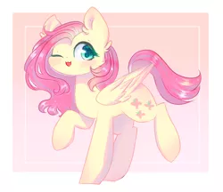 Size: 1000x864 | Tagged: safe, artist:melloncollie-chan, artist:whiskyice, derpibooru import, fluttershy, pegasus, pony, female, folded wings, mare, one eye closed, raised hoof, raised leg, solo, wings, wink