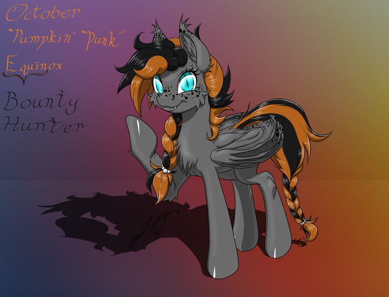 Size: 1600x1223 | Tagged: safe, artist:ravvij, derpibooru import, oc, oc:october equinox, unofficial characters only, bat, bat pony, pony, vampire, vampony, :t, bat pony oc, bat wings, bounty hunter, bracelet, braid, braided tail, butt, cheek fluff, chest fluff, collar, cute, ear fluff, ear freckles, ear piercing, ear tufts, eyebrow piercing, eyelashes, fangs, female, fluffy, food, freckles, goth, gradient background, halloween, highlights, holiday, hoof over mouth, jewelry, leg fluff, looking at you, mane, mare, moon, ocbetes, piercing, plot, punk, raised hoof, reference sheet, shoulder fluff, slit eyes, smiling, solo, spiked collar, spiked wristband, spread wings, tail, tail wrap, text, two toned mane, wall of tags, wing fluff, wing freckles, wings, wip, wristband