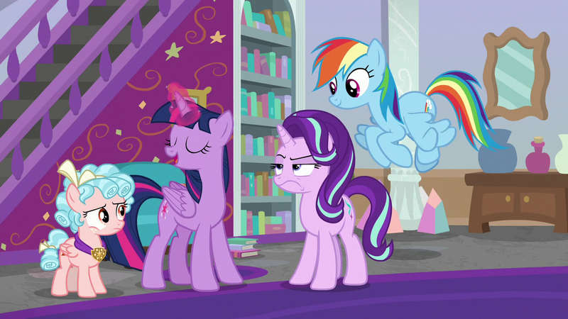 Size: 1280x720 | Tagged: safe, derpibooru import, screencap, cozy glow, rainbow dash, starlight glimmer, twilight sparkle, twilight sparkle (alicorn), alicorn, pegasus, pony, unicorn, school raze, book, bookshelf, cozy glow is not amused, female, filly, foal, mare, stairs, starlight is not amused, unamused