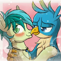 Size: 5000x5000 | Tagged: safe, artist:xexus, derpibooru import, gallus, sandbar, earth pony, gryphon, pony, absurd resolution, beak, blushing, cute, gallbar, gay, holding, hug, interspecies, jewelry, looking away, male, necklace, shipping, teenager