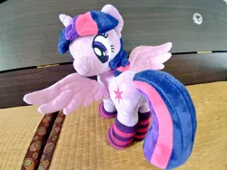 Size: 1024x768 | Tagged: safe, artist:nekokevin, derpibooru import, twilight sparkle, twilight sparkle (alicorn), alicorn, pony, 4de, clothes, female, irl, looking at you, looking back, mare, photo, plushie, smiling, socks, solo, spread wings, striped socks, wings