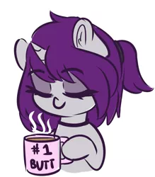 Size: 1280x1460 | Tagged: safe, artist:wickedsilly, derpibooru import, oc, oc:wicked silly, unofficial characters only, pony, unicorn, choker, coffee, cup, cute, drink, eyes closed, female, hoof hold, mare, mug, simple background, smiling, solo, white background