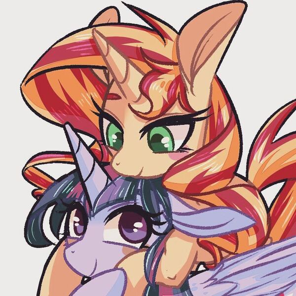 Size: 789x789 | Tagged: safe, alternate version, artist:phyllismi, derpibooru import, sunset shimmer, twilight sparkle, twilight sparkle (alicorn), alicorn, pony, unicorn, blush sticker, blushing, close-up, female, hug, instagram, lesbian, looking at each other, shipping, sunsetsparkle