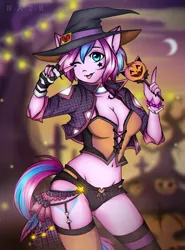 Size: 1721x2323 | Tagged: suggestive, artist:nath, derpibooru import, oc, oc:panda shade, unofficial characters only, anthro, earth pony, absolute cleavage, anthro oc, belly button, breasts, cleavage, clothes, commission, costume, female, halloween, halloween costume, holiday, looking at you, mare, midriff, night, nightmare night, one eye closed, pose, solo, solo female, tongue out, wink, witch, ych result
