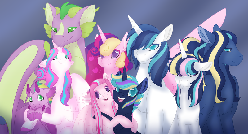 Size: 2771x1500 | Tagged: safe, artist:clay-bae, derpibooru import, princess cadance, princess flurry heart, shining armor, spike, oc, oc:agape heart, oc:draconus, oc:eros heart, oc:pure heart, oc:rythmic beat, alicorn, dracony, dragon, hybrid, pegasus, pony, unicorn, adult, adult spike, colored pupils, family photo, female, floppy ears, flurryspike, holding, hug, interspecies offspring, male, offspring, older, older flurry heart, older spike, parent:princess cadance, parent:princess flurry heart, parent:shining armor, parent:spike, parents:flurryspike, parents:shiningcadance, shiningcadance, shipping, straight, winged spike