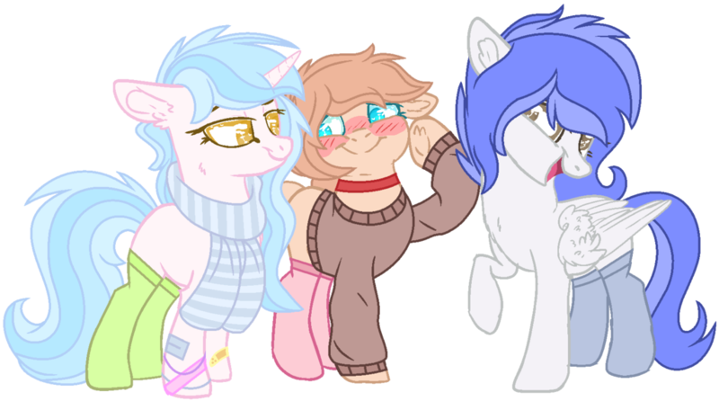 Size: 1024x571 | Tagged: safe, artist:bezziie, derpibooru import, oc, unofficial characters only, earth pony, pegasus, pony, unicorn, clothes, female, mare, scarf, simple background, socks, sweater, transparent background