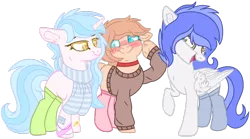 Size: 1024x571 | Tagged: safe, artist:bezziie, derpibooru import, oc, unofficial characters only, earth pony, pegasus, pony, unicorn, clothes, female, mare, scarf, simple background, socks, sweater, transparent background