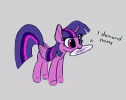 Size: 750x600 | Tagged: safe, artist:lollipony, derpibooru import, twilight sparkle, twilight sparkle (alicorn), alicorn, pony, no second prances, behaving like a cat, behaving like a dog, bronybait, cute, dialogue, eye clipping through hair, female, gray background, hungry, i demand noms, mare, mouth hold, nom, plate, pony pet, proper silverware placement, scene interpretation, simple background, smiling, solo, text, twiabetes, twilight cat