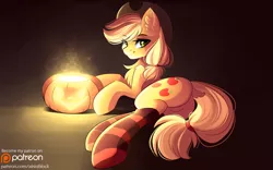 Size: 3888x2423 | Tagged: safe, artist:airiniblock, derpibooru import, part of a set, applejack, earth pony, pony, butt, clothes, cowboy hat, cute, featureless crotch, female, halloween, hat, holiday, jack-o-lantern, mare, patreon, patreon logo, plot, pumpkin, rcf community, smiling, socks, solo, stetson, striped socks