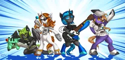 Size: 1013x491 | Tagged: safe, artist:trojan-pony, derpibooru import, ponified, pony, semi-anthro, bipedal, commission, console ponies, dreamcast, gamecube, guitar hero, playstation 2, rhythm game, xbox