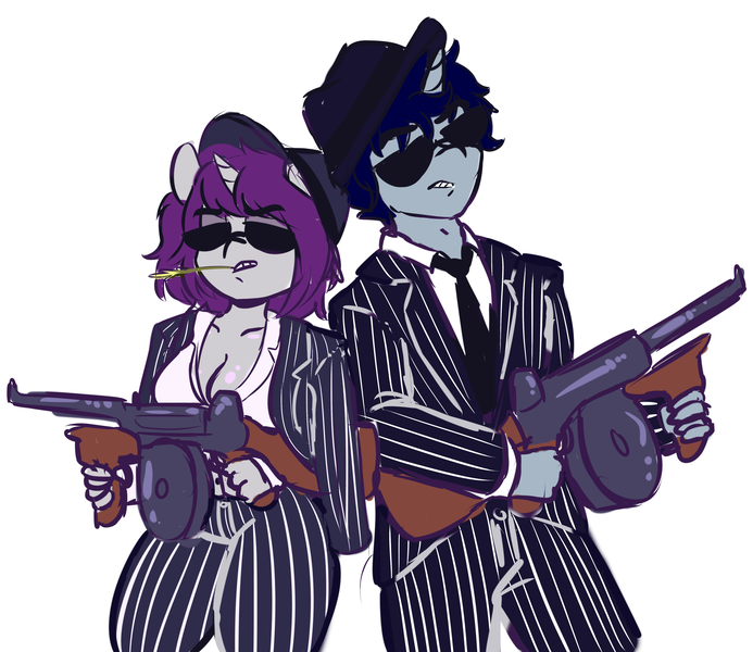 Size: 4766x4126 | Tagged: safe, artist:wickedsilly, derpibooru import, oc, oc:sleepy head, oc:wicked silly, unofficial characters only, anthro, unicorn, absurd resolution, anthro oc, breasts, cleavage, clothes, female, gangster, glasses, gun, hat, male, mobster, necktie, oc x oc, pinstripes, ponysona, shipping, simple background, straight, suit, sunglasses, tommy gun, weapon, white background, wickedsleepy