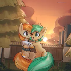 Size: 2001x2018 | Tagged: safe, artist:mirroredsea, derpibooru import, oc, oc:minty pop, oc:parlay, unofficial characters only, pony, bench, clothes, commission, cute, cutie mark, female, hug, lesbian, looking at each other, mare, necktie, oc x oc, ocbetes, parpop, shipping, shirt, smiling, sunset, tree, vest