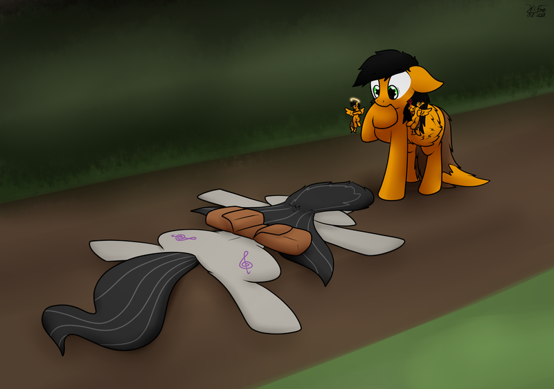 Size: 2843x1998 | Tagged: safe, artist:the-furry-railfan, derpibooru import, octavia melody, oc, oc:twintails, earth pony, pegasus, pony, bag, biting, clothes, cloud, cloudy, dirt road, flattened, hoof biting, oops, overcast, saddle bag, scarf, shoulder angel, shoulder devil, story included, this will end in balloons, tree