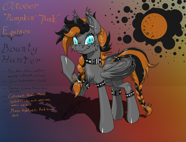 Size: 1600x1223 | Tagged: safe, artist:ravvij, derpibooru import, oc, oc:october equinox, unofficial characters only, bat, bat pony, pony, vampire, vampony, :t, autumn, bat wings, bounty hunter, bracelet, braid, butt, cheek fluff, chest fluff, collar, cute, cutie mark, ear fluff, ear freckles, ear piercing, ear tufts, eyebrow piercing, eyelashes, fangs, female, fluffy, food, freckles, goth, gradient background, halloween, highlights, holiday, hoof over mouth, jewelry, leg fluff, looking at you, mane, mare, moon, ocbetes, piercing, plot, punk, raised hoof, reference sheet, shoulder fluff, slit eyes, smiling, solo, spiked collar, spiked wristband, spread wings, tail, tail wrap, text, two toned mane, wall of tags, wing fluff, wing freckles, wings, wristband