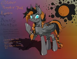 Size: 1600x1223 | Tagged: safe, artist:ravvij, derpibooru import, oc, oc:october equinox, unofficial characters only, bat, bat pony, pony, vampire, vampony, :t, autumn, bat wings, bounty hunter, bracelet, braid, butt, cheek fluff, chest fluff, collar, cute, cutie mark, ear fluff, ear freckles, ear piercing, ear tufts, eyebrow piercing, eyelashes, fangs, female, fluffy, food, freckles, goth, gradient background, halloween, highlights, holiday, hoof over mouth, jewelry, leg fluff, looking at you, mane, mare, moon, ocbetes, piercing, plot, punk, raised hoof, reference sheet, shoulder fluff, slit eyes, smiling, solo, spiked collar, spiked wristband, spread wings, tail, tail wrap, text, two toned mane, wall of tags, wing fluff, wing freckles, wings, wristband