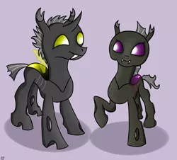 Size: 1024x927 | Tagged: artist:atomfliege, changeling, changeling oc, derpibooru import, duo, oc, oc:harvester, oc:warplix, purple changeling, safe, standing, yellow changeling