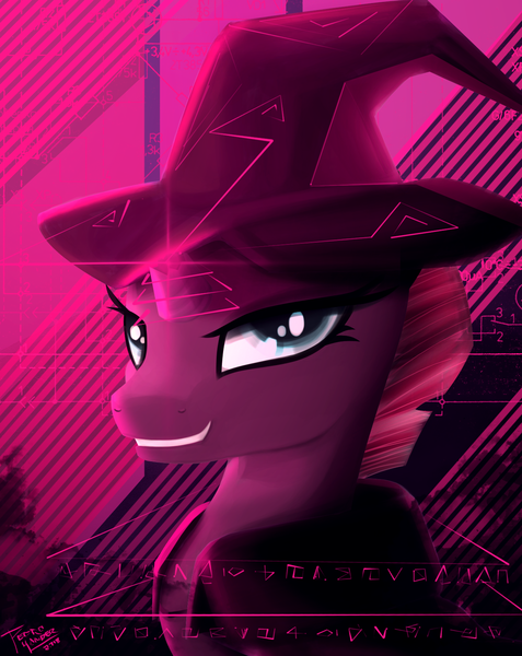 Size: 1300x1636 | Tagged: safe, artist:pedrohander, derpibooru import, tempest shadow, pony, unicorn, broken horn, bust, cape, clothes, hat, horn, solo, witch hat