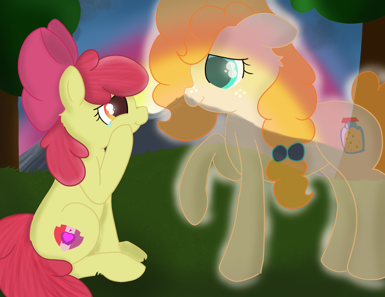 Size: 3300x2550 | Tagged: safe, artist:skyflys, derpibooru import, apple bloom, pear butter, earth pony, ghost, pony, undead, female, filly, freckles, mare, mother and child, mother and daughter, sad, smiling, teary eyes