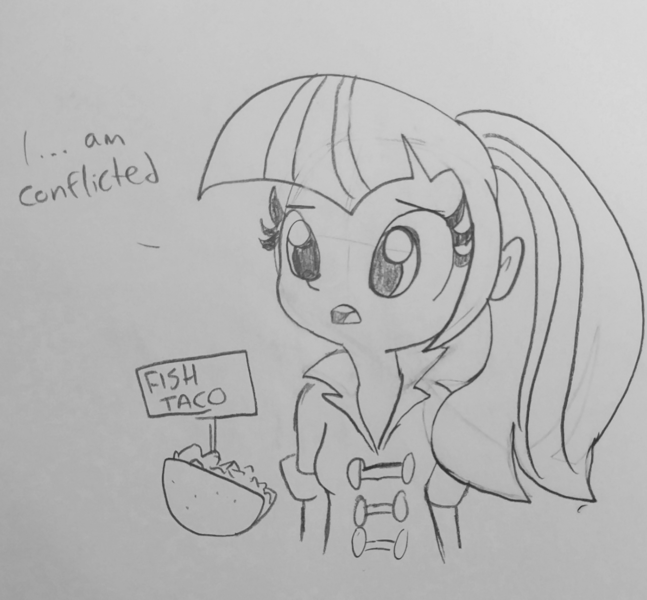 Size: 1227x1138 | Tagged: safe, artist:tjpones, derpibooru import, sonata dusk, equestria girls, rainbow rocks, clothes, dialogue, female, food, lineart, monochrome, ponytail, shirt, simple background, sketch, solo, sonataco, taco, that girl sure loves tacos, traditional art