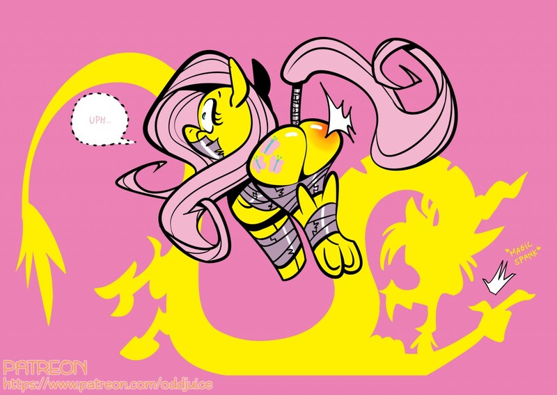 Size: 1280x908 | Tagged: artist:oddjuice, bondage, butt, derpibooru import, discord, finger snap, fluttershy, gag, muffled moaning, plot, silhouette, spanking, suggestive, tail wrap, tape, tape bondage, tape gag, underhoof