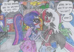 Size: 1755x1227 | Tagged: safe, artist:nephilim rider, derpibooru import, sci-twi, twilight sparkle, oc, oc:heaven lost, equestria girls, equestria girls series, blushing, looking at each other, traditional art