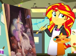 Size: 1011x758 | Tagged: safe, artist:cannibalus, derpibooru import, edit, edited screencap, editor:gay-horse, screencap, princess celestia, princess luna, sunset shimmer, alicorn, pony, eqg summertime shorts, equestria girls, the art of friendship, cake, cakelestia, chubbylestia, cute, eating, exploitable meme, fat, female, food, funny, goblet, levitation, magic, meme, obese, open mouth, painting, prone, shimmerbetes, solo, sunset's painting, telekinesis, tongue out