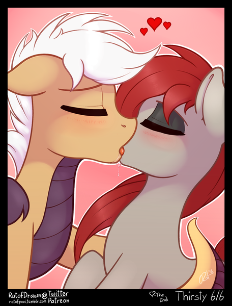 Size: 1900x2500 | Tagged: suggestive, artist:ratofdrawn, derpibooru import, oc, oc:jake, oc:ponepony, unofficial characters only, dragon, pony, comic:thirsty, blushing, commission, drool, eyes closed, female, floppy ears, heart, kissing, male, mare, oc x oc, shipping, signature, stallion, straight, ych result