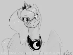 Size: 1200x900 | Tagged: safe, artist:amarynceus, deleted from derpibooru, derpibooru import, princess luna, alicorn, pony, :o, cheek fluff, crown, cute, eye reflection, female, freckles, gray background, grayscale, head tilt, implied lesbian, implied shipping, implied twiluna, jewelry, looking at you, lunabetes, mare, monochrome, open mouth, peytral, reflection, regalia, simple background, sketch, solo