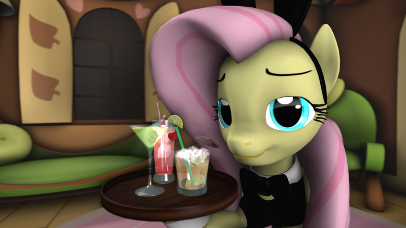 Size: 1920x1080 | Tagged: safe, artist:woonna, derpibooru import, fluttershy, pegasus, pony, 3d, alcohol, bowtie, bunny ears, bunny suit, clothes, cocktail umbrella, drink, female, fluttershy's cottage, solo