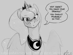 Size: 1200x900 | Tagged: safe, artist:amarynceus, deleted from derpibooru, derpibooru import, princess luna, alicorn, pony, black and white, crown, cute, dialogue, female, freckles, grayscale, head tilt, implied lesbian, implied shipping, implied twiluna, jewelry, looking at you, lunabetes, mare, monochrome, peytral, regalia, simple background, sketch, solo, speech bubble, talking to viewer