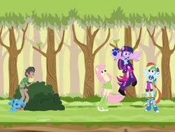 Size: 631x476 | Tagged: safe, artist:shadyhorseman, derpibooru import, fluttershy, rainbow dash, twilight sparkle, twilight sparkle (alicorn), oc, oc:rock star, alicorn, fly, insect, equestria girls, are equestrian girls human?, ben 10, blue (blue's clues), blue's clues, equestria girls-ified, forest, male, omnitrix, ponied up, twilight can't fly