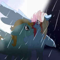 Size: 1280x1280 | Tagged: alternate hairstyle, artist needed, chest fluff, covering, crying, derpibooru import, ear fluff, female, hug, lesbian, lightning dust, looking at each other, mare, moon, night, rain, rainbow dash, rainbowdust, reconciliation, sad, safe, shipping, stars, wet, wet mane, winghug, wings