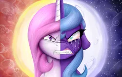 Size: 2810x1762 | Tagged: angry, artist:nightfuryshadows, cewestia, crying, derpibooru import, female, filly, gritted teeth, lullaby for a princess, moon, nightmare luna, princess celestia, princess luna, safe, sharp teeth, side by side, slit eyes, sun, tears of anger, teeth, transformation, woona, younger